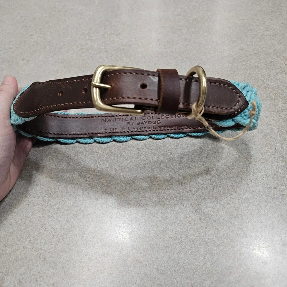 Baydog Dog Collar Large Turquoise Brown Braided Rope Leather Nautical Coastal